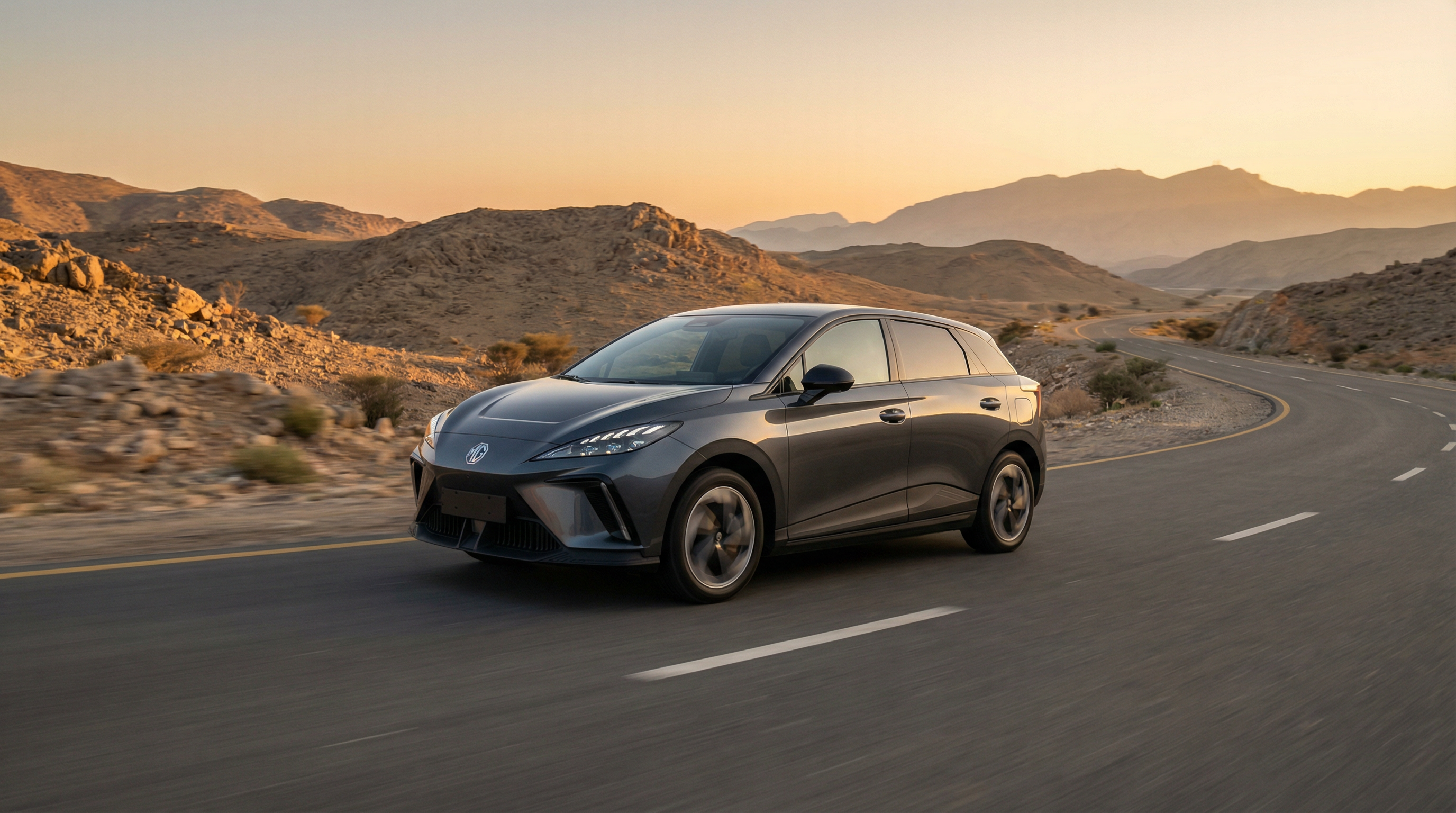 MG4 Electric car driving on UAE mountain road