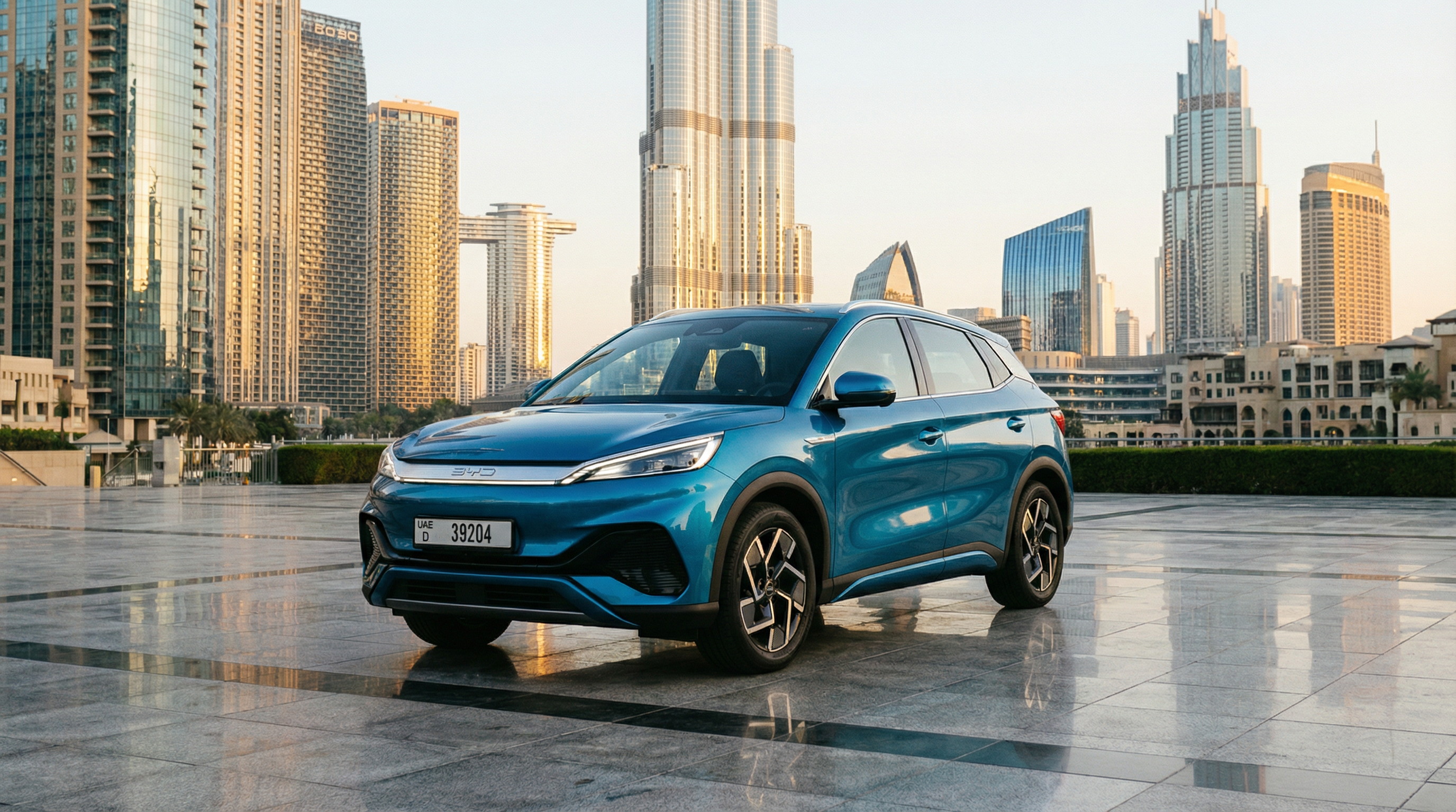 BYD Atto 3 electric SUV in Dubai with Burj Khalifa skyline